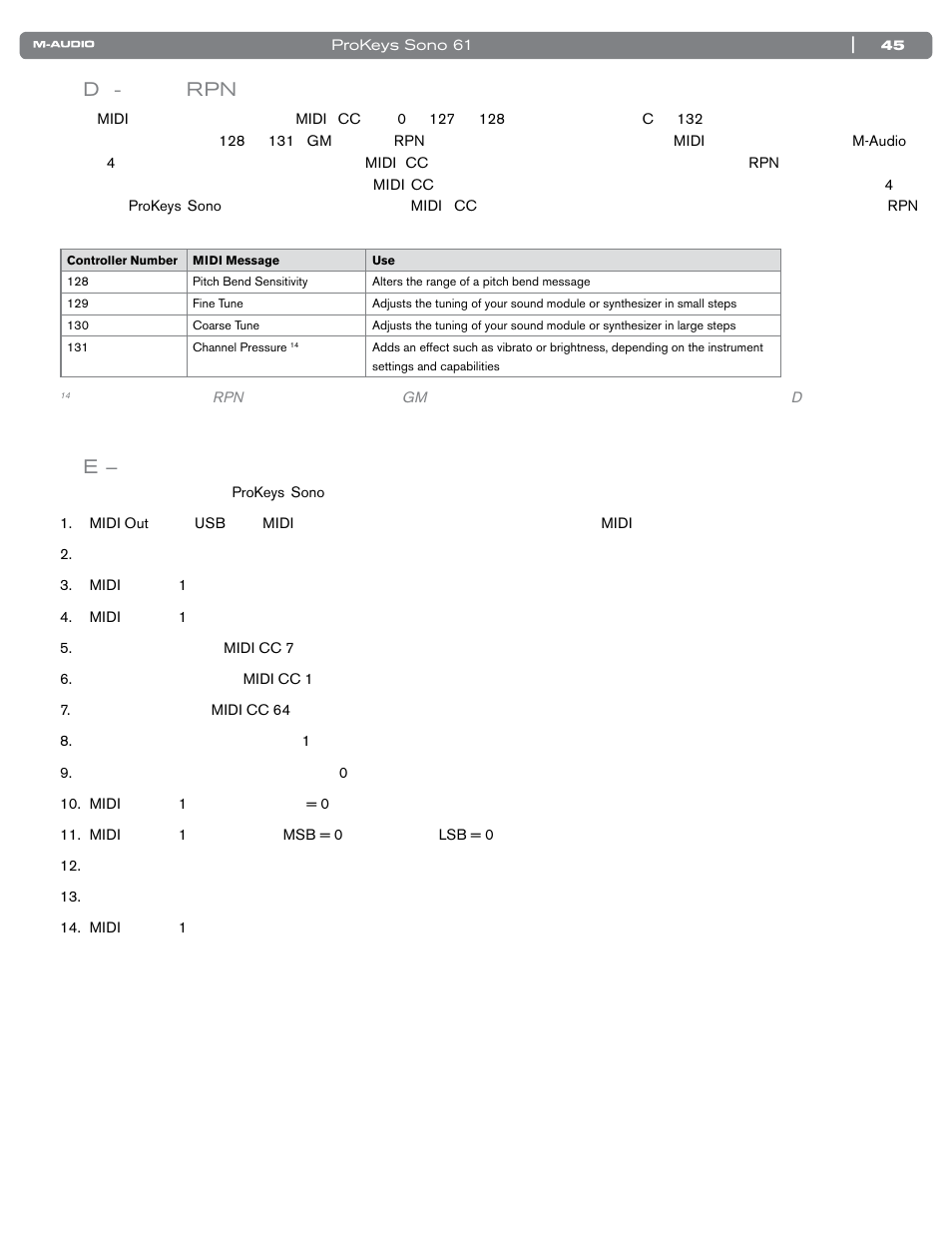 付録d - 追加のrpnメッセージ, 付録e – ピアノ・リセット・ボタン, D - rpn | M-AUDIO PROKEYS SONO 61 User Manual | Page 46 / 50
