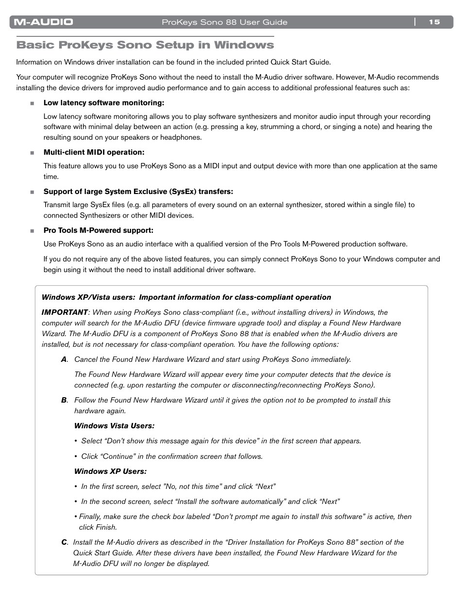 Basic prokeys sono setup in windows | M-AUDIO ProKeys Sono 88 User Manual | Page 16 / 50