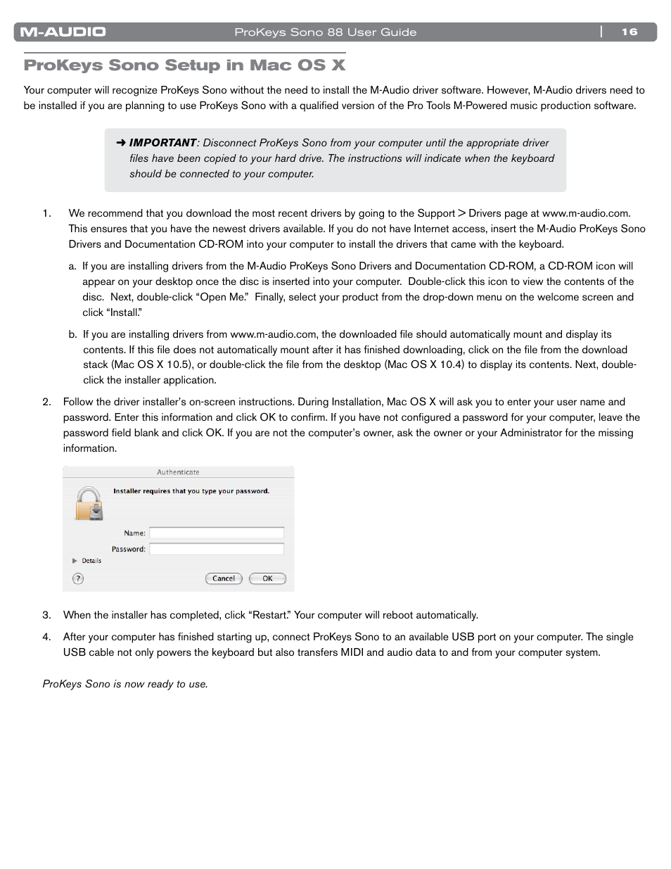 Prokeys sono setup in mac os x | M-AUDIO ProKeys Sono 88 User Manual | Page 17 / 50