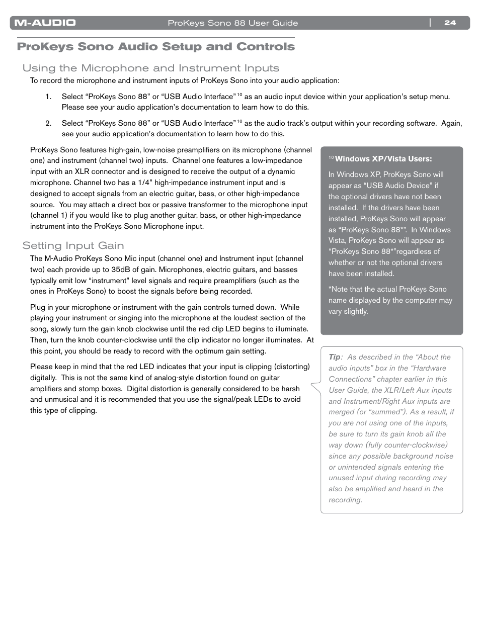 Prokeys sono audio setup and controls, Using the microphone and instrument inputs, Setting input gain | M-AUDIO ProKeys Sono 88 User Manual | Page 25 / 50