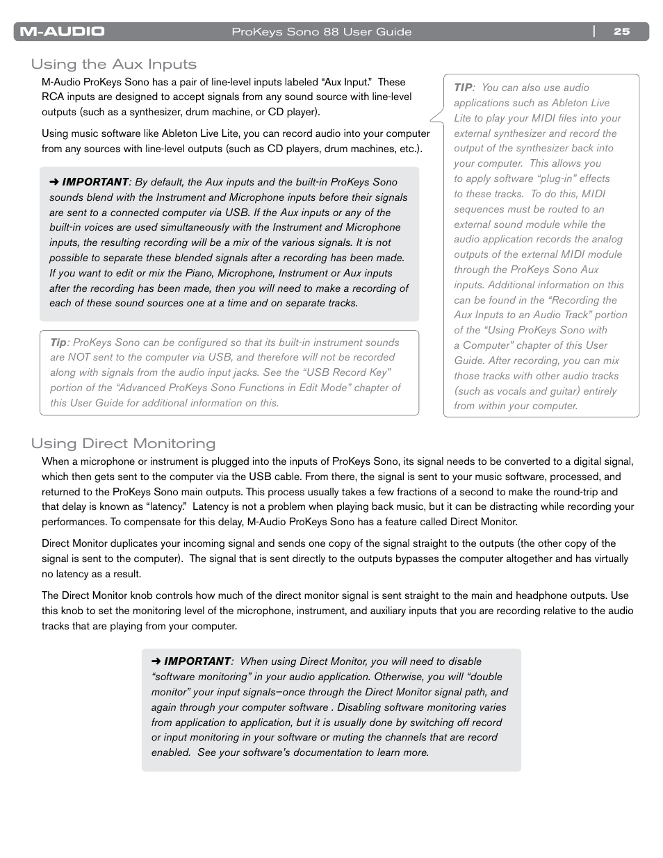Using the aux inputs, Using direct monitoring, Using the aux inputs using direct monitoring | M-AUDIO ProKeys Sono 88 User Manual | Page 26 / 50