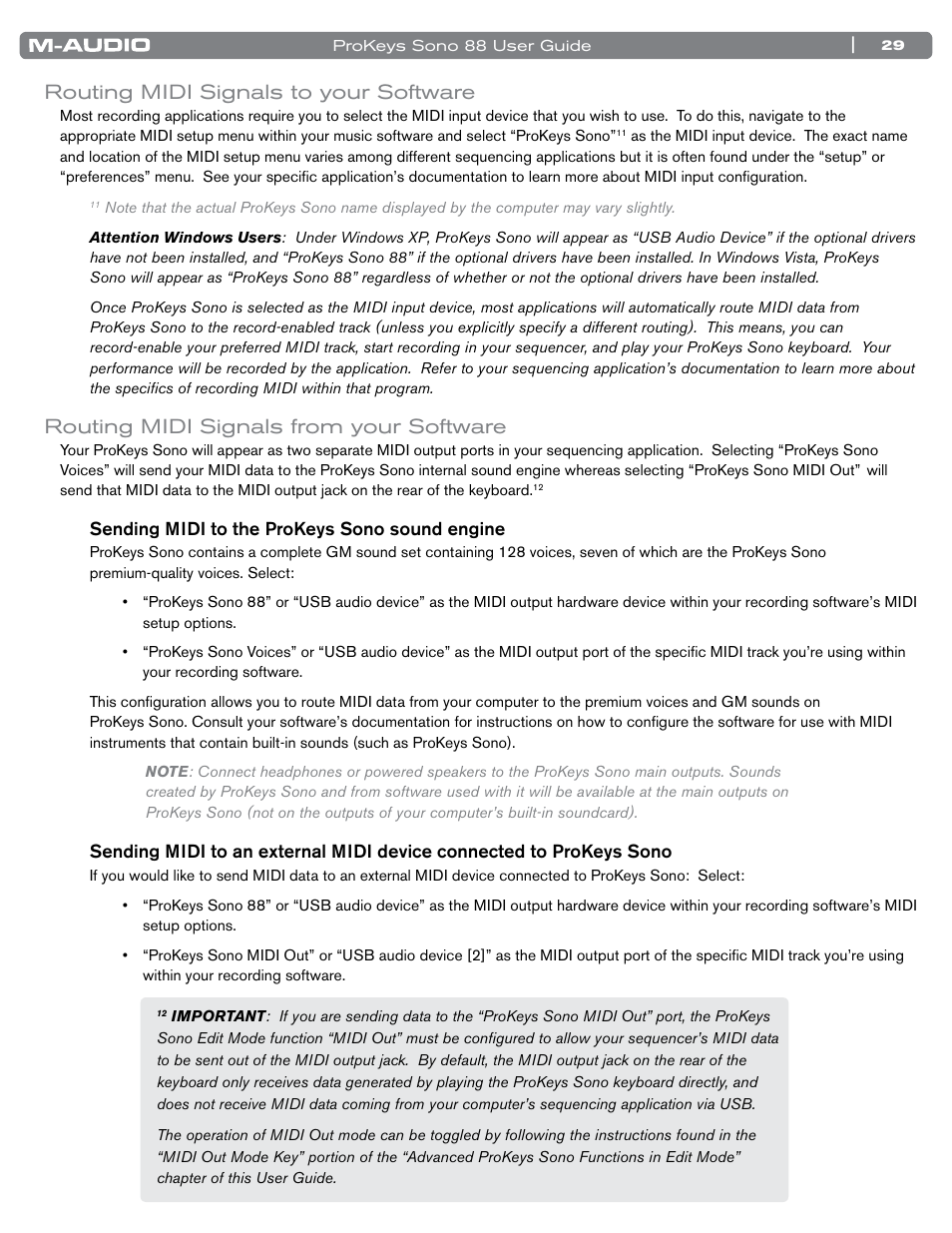 Routing midi signals to your software, Routing midi signals from your software | M-AUDIO ProKeys Sono 88 User Manual | Page 30 / 50