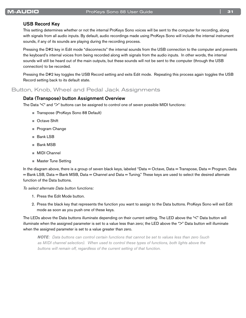 Button, knob, wheel and pedal jack assignments, Usb record key, Data (transpose) button assignment overview | M-AUDIO ProKeys Sono 88 User Manual | Page 32 / 50