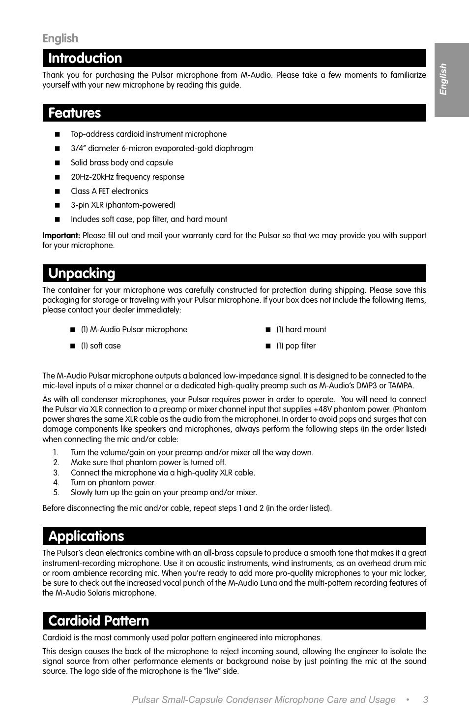 English, Introduction, Features | Unpacking, Applications, Cardioid pattern, Connections and phantom power | M-AUDIO AUDIOPHILE 192 PCI User Manual | Page 2 / 4