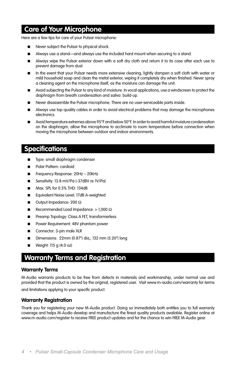 Care of your microphone, Specifications, Warranty terms and registration | Speciﬁcations, Warranty terms, Warranty registration | M-AUDIO AUDIOPHILE 192 PCI User Manual | Page 3 / 4