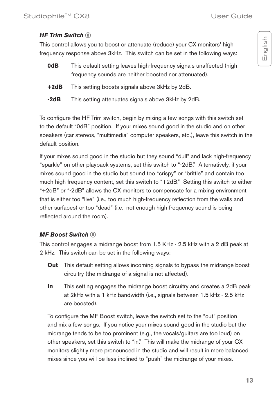 Hf trim switch, Mf boost switch | M-AUDIO CX8 User Manual | Page 13 / 18