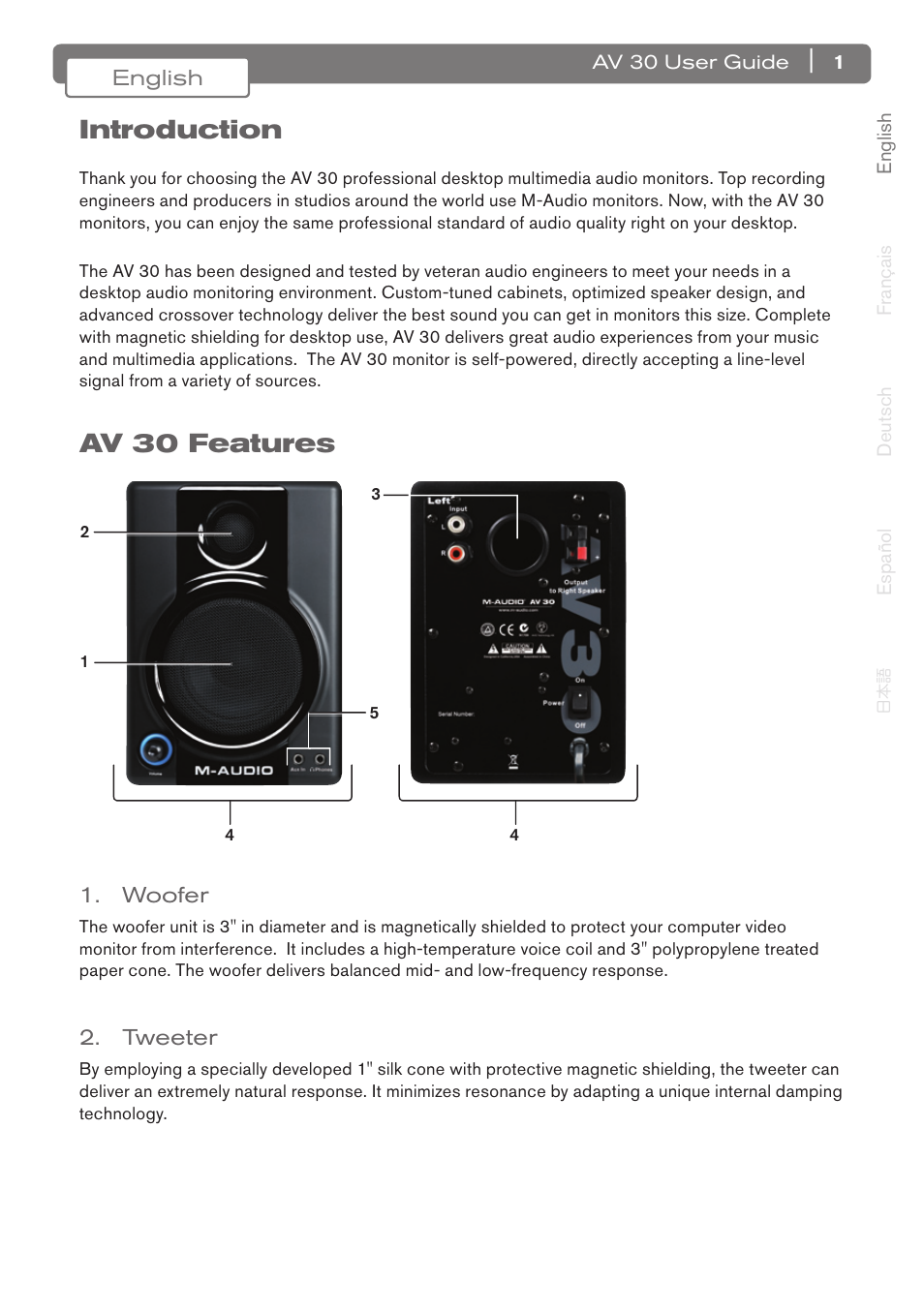 Introduction, Av 30 features | M-AUDIO AV 30 User Manual | Page 2 / 10