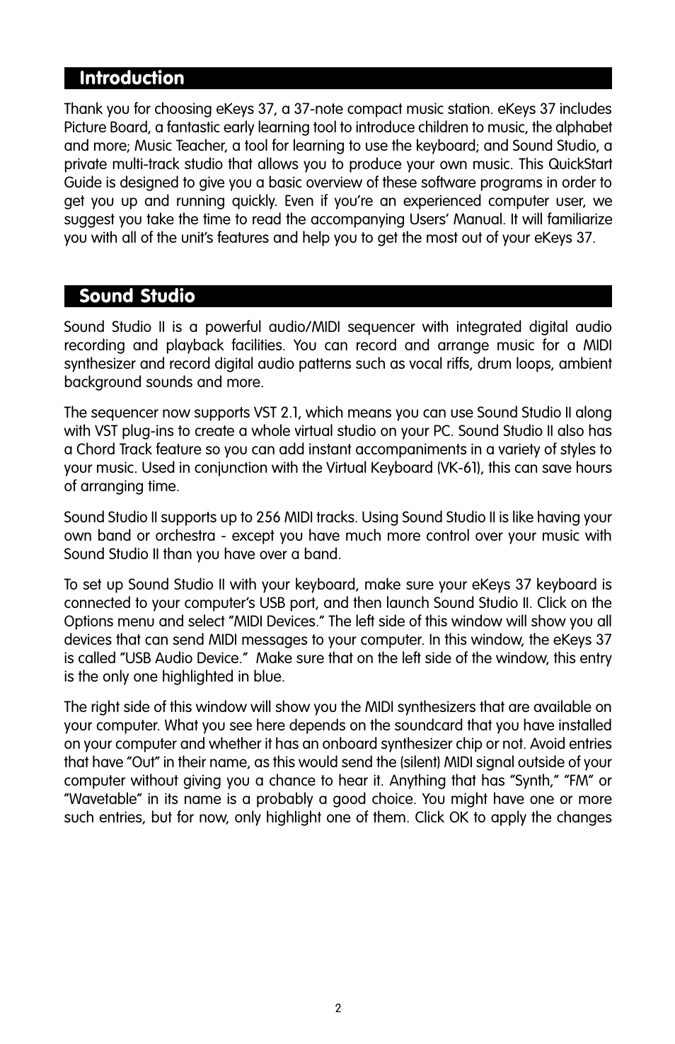 Introduction, Sound studio | M-AUDIO 37 User Manual | Page 2 / 8