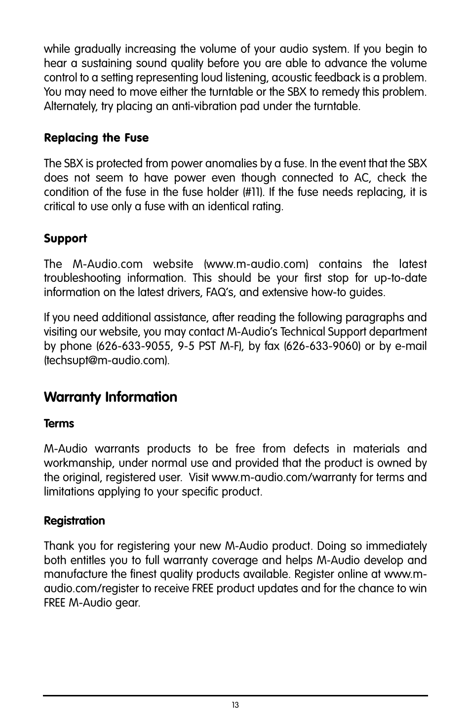 Replacing the fuse, Support, Warranty information | Replacing the fuse support | M-AUDIO Studiophile SBX User Manual | Page 13 / 16