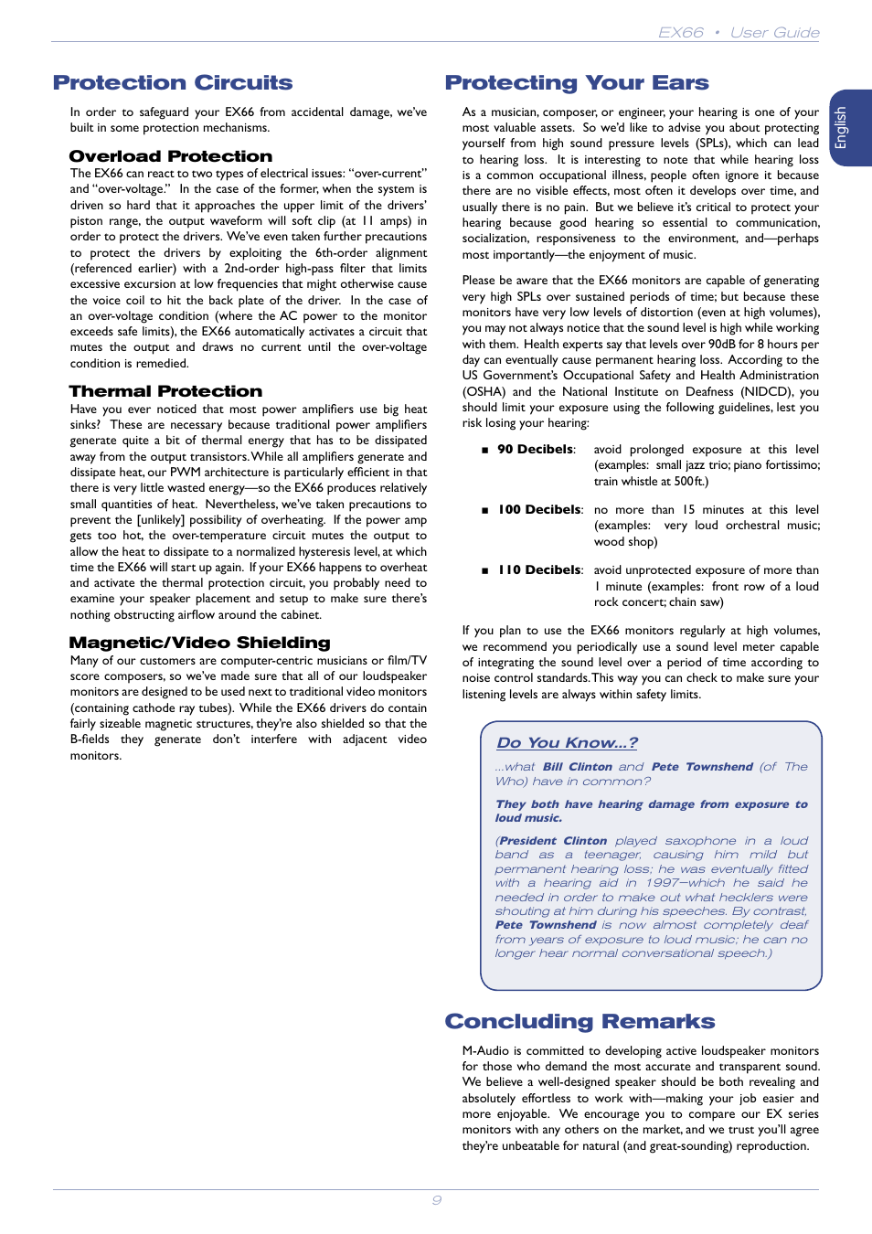 Protection circuits, Overload protection, Thermal protection | Magnetic/video shielding, Protecting your ears, Concluding remarks | M-AUDIO EX66 User Manual | Page 9 / 11