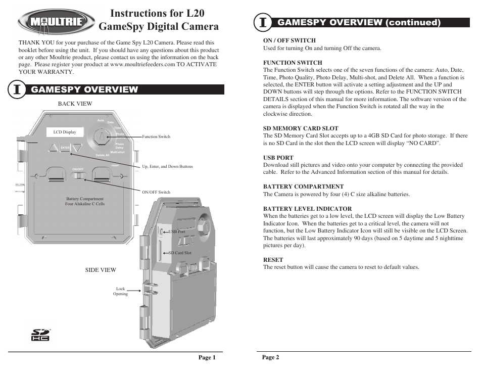 Moultrie GAMESPY L20 User Manual | 4 pages