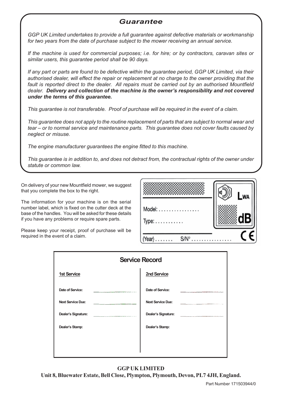 Guarantee, Service record | Mountfield SP536ES User Manual | Page 8 / 8