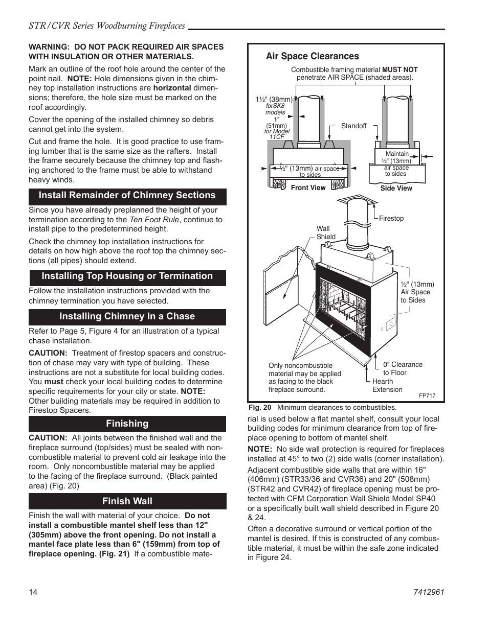 Str/cvr series woodburning fireplaces, Installing top housing or termination, Installing chimney in a chase | Finishing, Finish wall, Air space clearances | Majestic CVR42 User Manual | Page 14 / 28