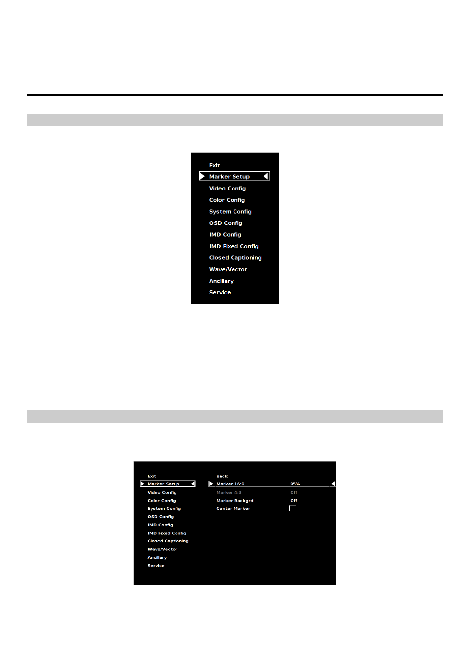 On-screen menu (continued), Main menu and navigation, Marker setup submenu | Marshall electronic V-R171X-DLW User Manual | Page 12 / 33