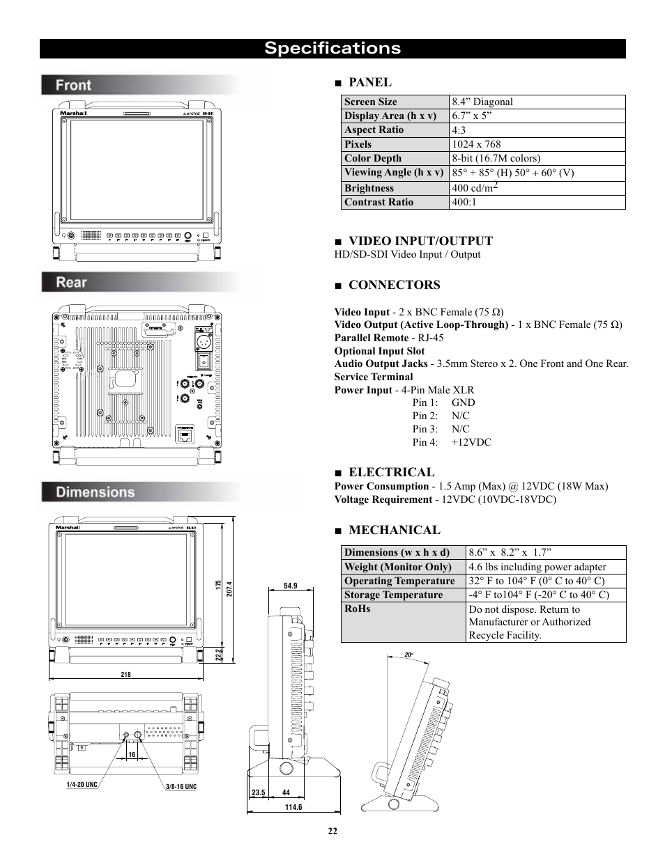 Specifications, Panel ■ video input/output, Connectors | Electrical, Mechanical | Marshall electronic ORCHID OR-841-HDSDI User Manual | Page 22 / 24