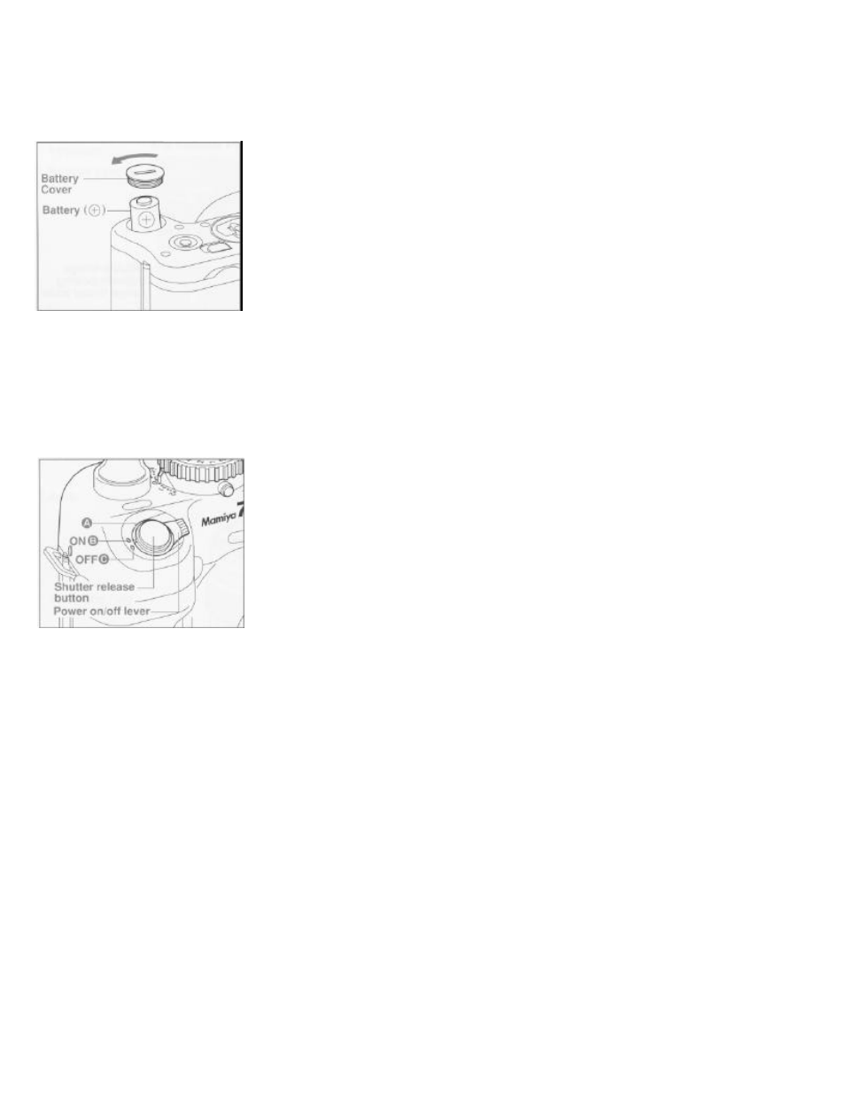 Inserting battery, Power on/off | Mamiya 7 II User Manual | Page 10 / 45