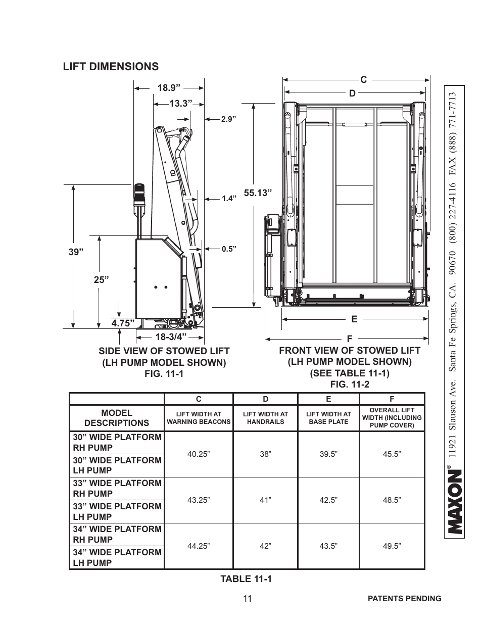 Lift dimensions | Maxon Telecom WL7-VERS. C User Manual | Page 11 / 61