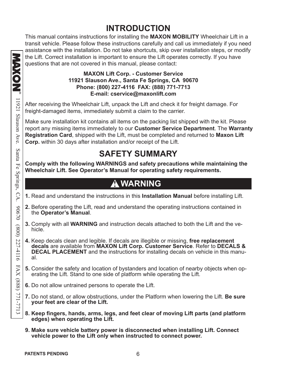 Safety summary, Warning ! introduction | Maxon Telecom WL7-VERS. C User Manual | Page 6 / 61