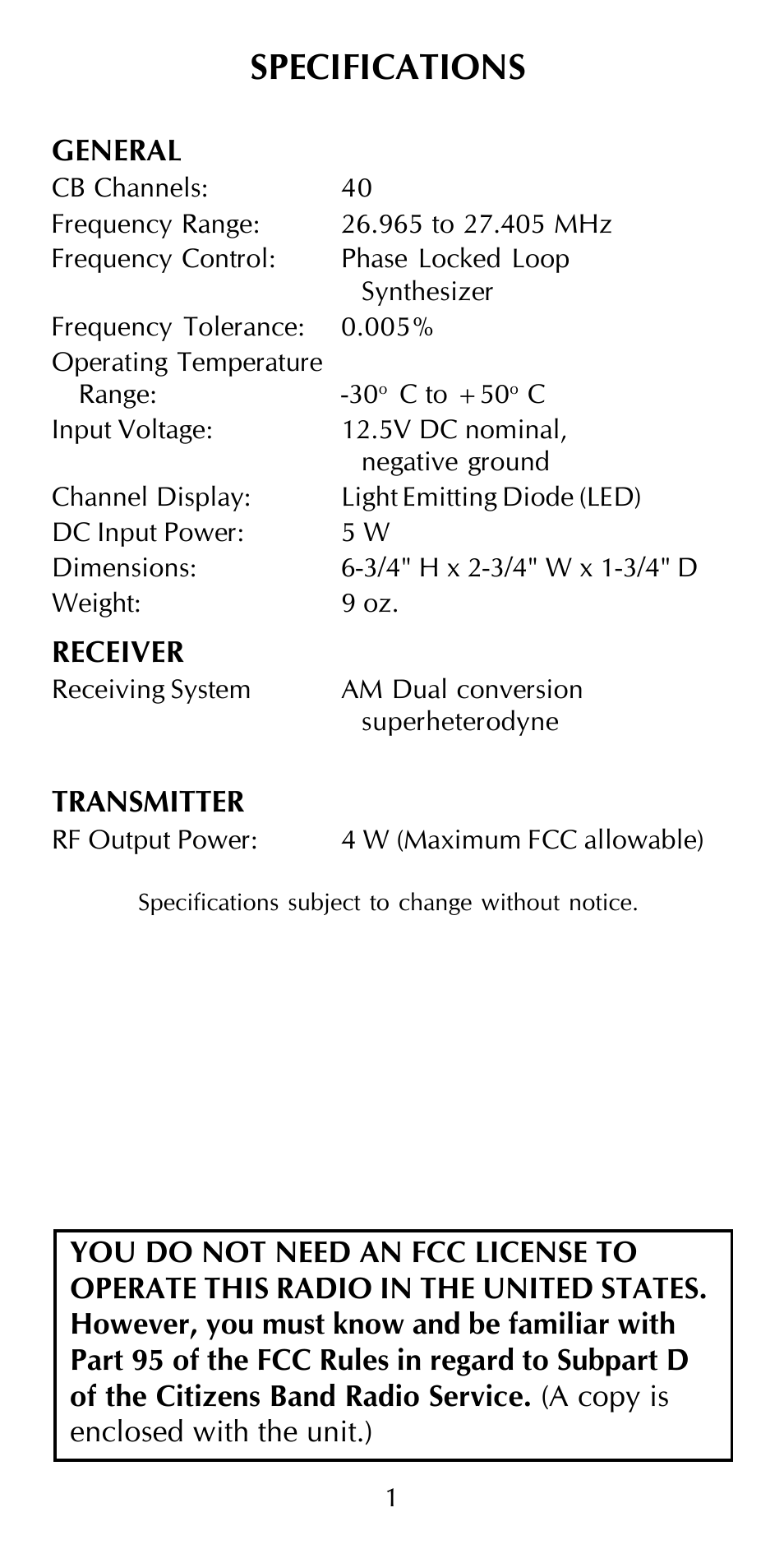 Specifications | Maxon Telecom HCB-10C User Manual | Page 5 / 36
