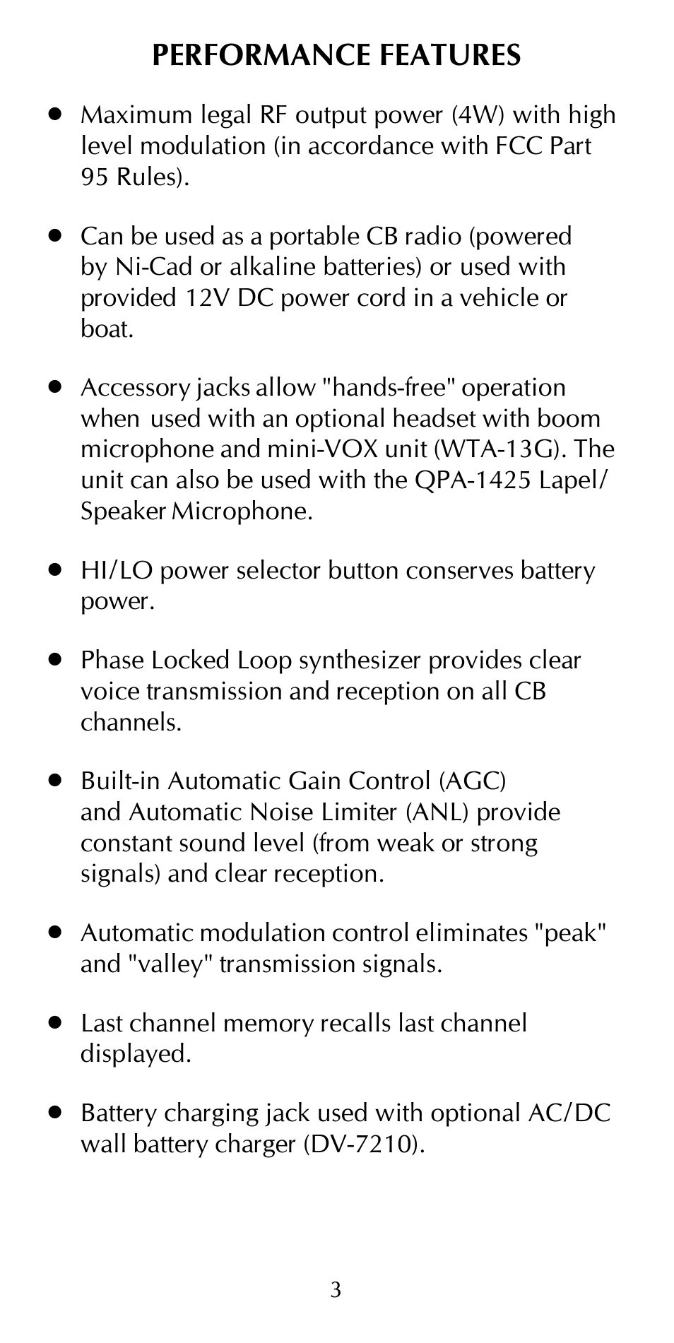 Performance features | Maxon Telecom HCB-10C User Manual | Page 7 / 36