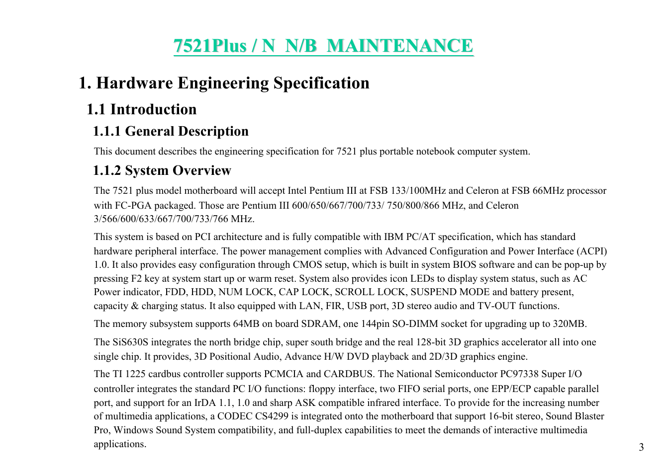 Hardware engineering specification | MiTAC 7521 PLUS/N User Manual | Page 4 / 180