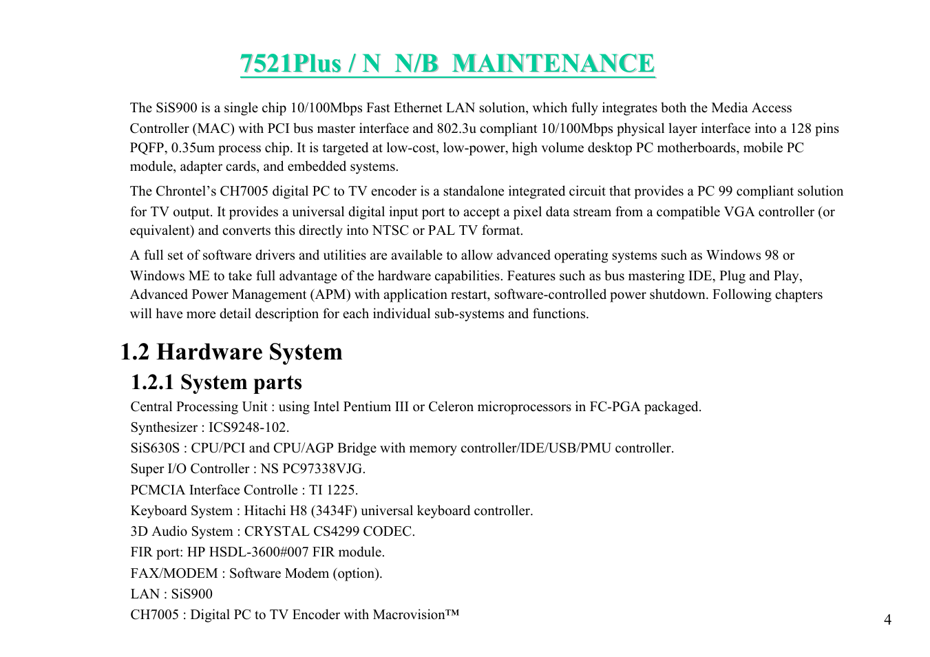 2 hardware system | MiTAC 7521 PLUS/N User Manual | Page 5 / 180