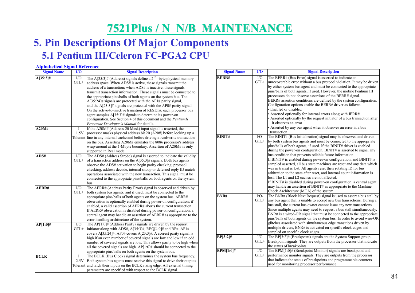 Pin descriptions of major components, 1 pentium iii/celeron fc-pga2 cpu | MiTAC 7521 PLUS/N User Manual | Page 85 / 180