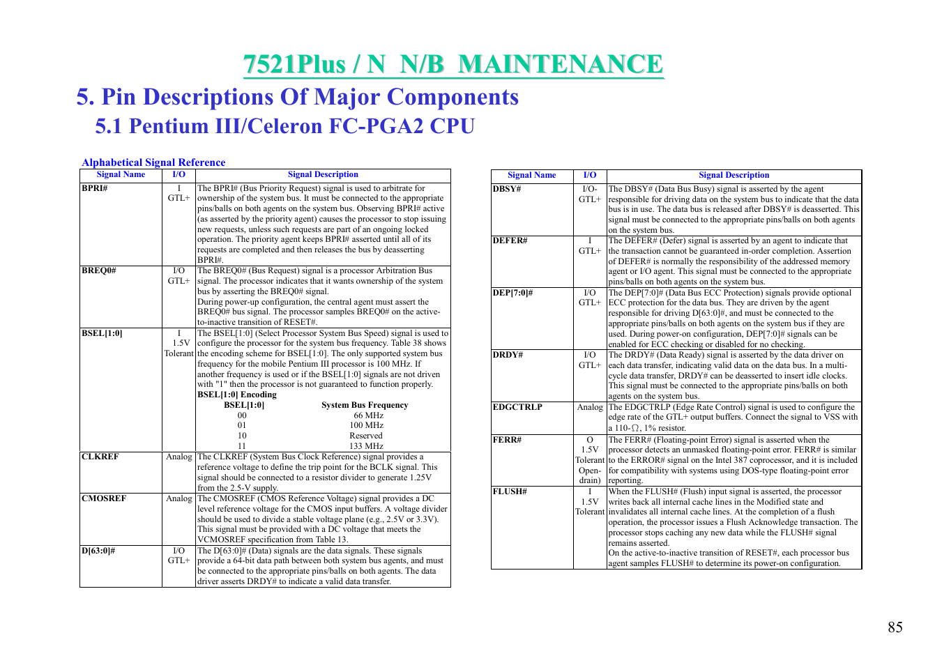 Pin descriptions of major components, 1 pentium iii/celeron fc-pga2 cpu | MiTAC 7521 PLUS/N User Manual | Page 86 / 180