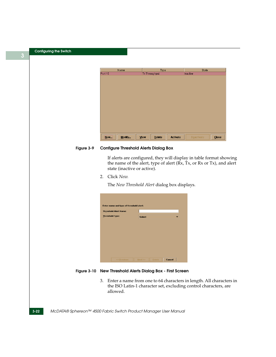 Configure threshold alerts dialog box -22, New threshold alerts dialog box - first screen -22 | McDATA Sphereon 4500 User Manual | Page 118 / 216