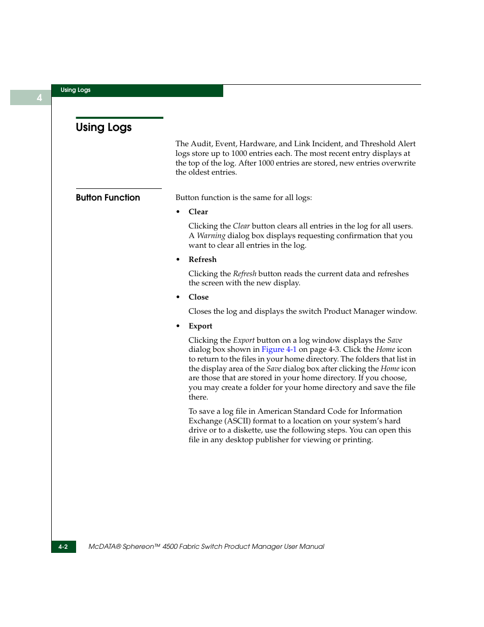Using logs, Button function, Using logs -2 | Button function -2 | McDATA Sphereon 4500 User Manual | Page 128 / 216