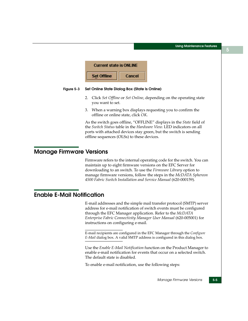 Manage firmware versions, Enable e-mail notification, Set online state dialog box (state is online) -5 | R to, Enable, E-mail notification | McDATA Sphereon 4500 User Manual | Page 143 / 216