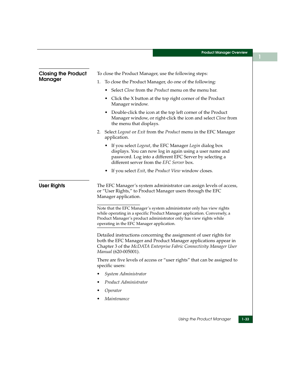 Closing the product manager, User rights, Closing the product manager -33 user rights -33 | McDATA Sphereon 4500 User Manual | Page 49 / 216