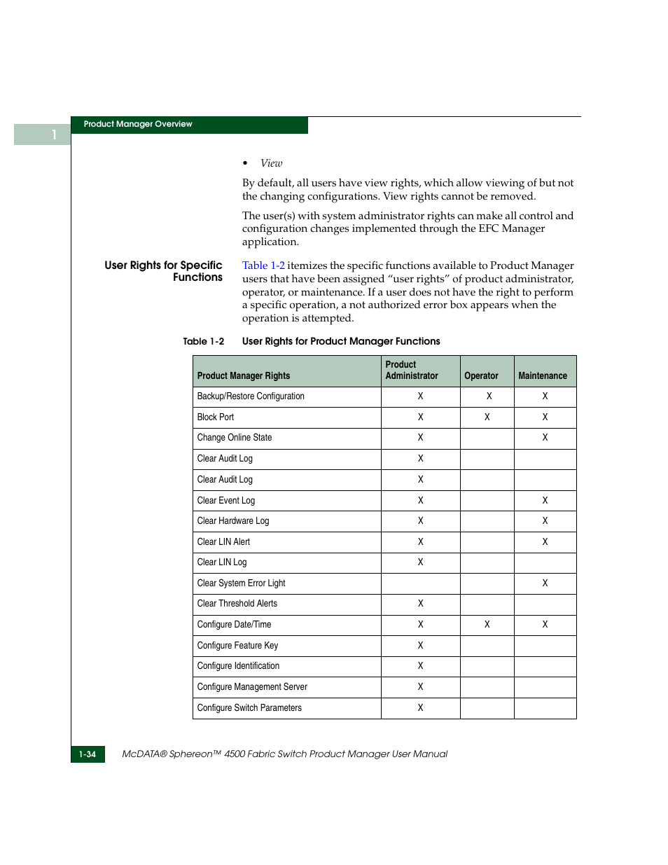User rights for product manager functions -34 | McDATA Sphereon 4500 User Manual | Page 50 / 216