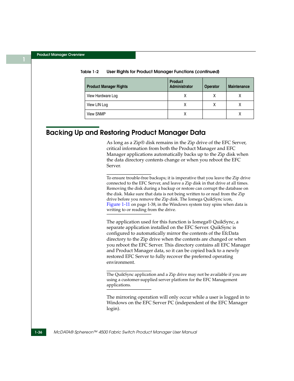 Backing up and restoring product manager data, Backing up and restoring product manager data -36 | McDATA Sphereon 4500 User Manual | Page 52 / 216