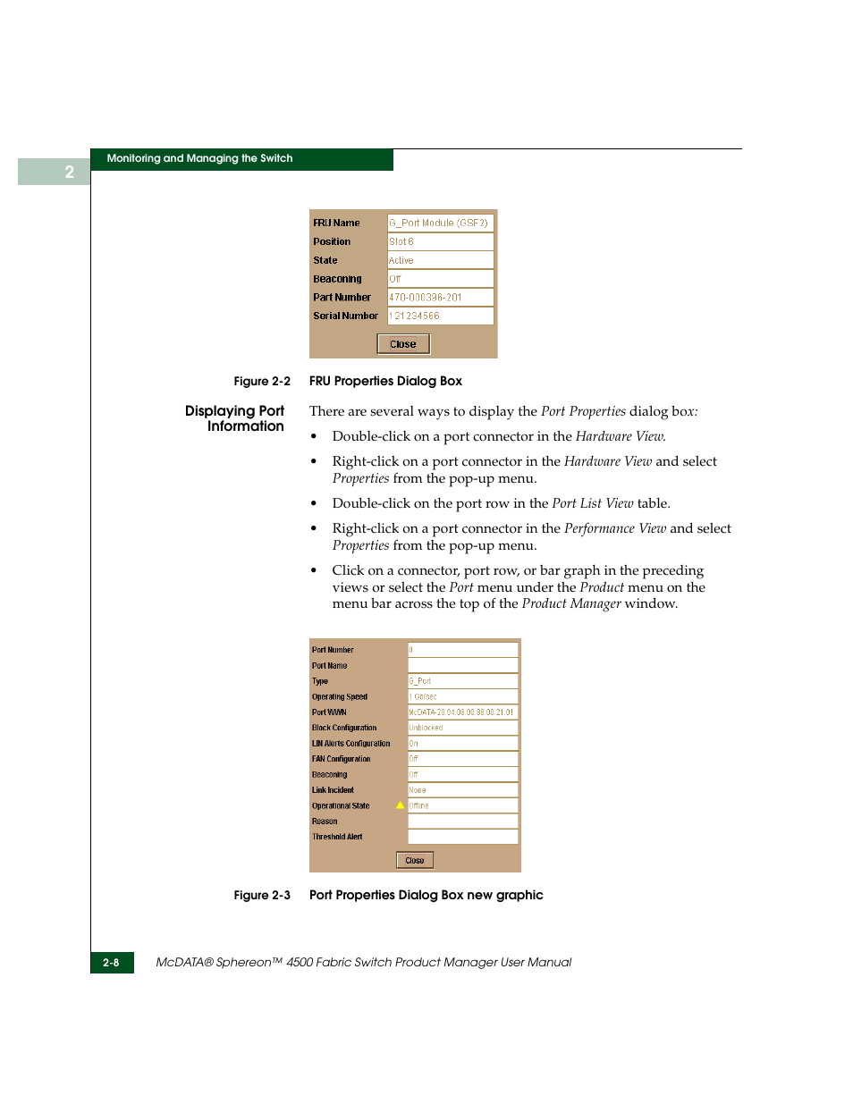 Fru properties dialog box -8, Port properties dialog box new graphic -8 | McDATA Sphereon 4500 User Manual | Page 64 / 216
