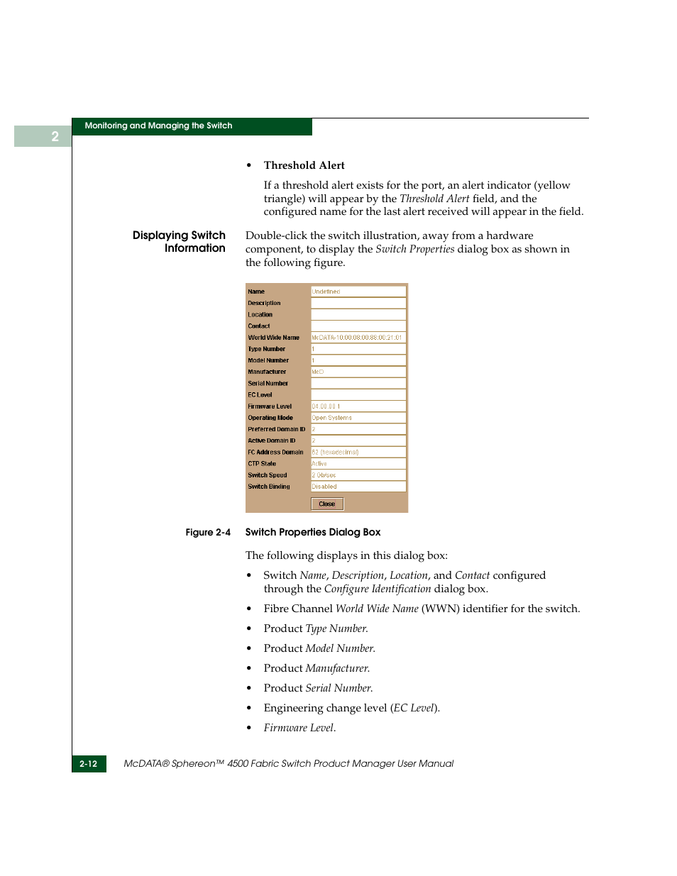 Switch properties dialog box -12 | McDATA Sphereon 4500 User Manual | Page 68 / 216