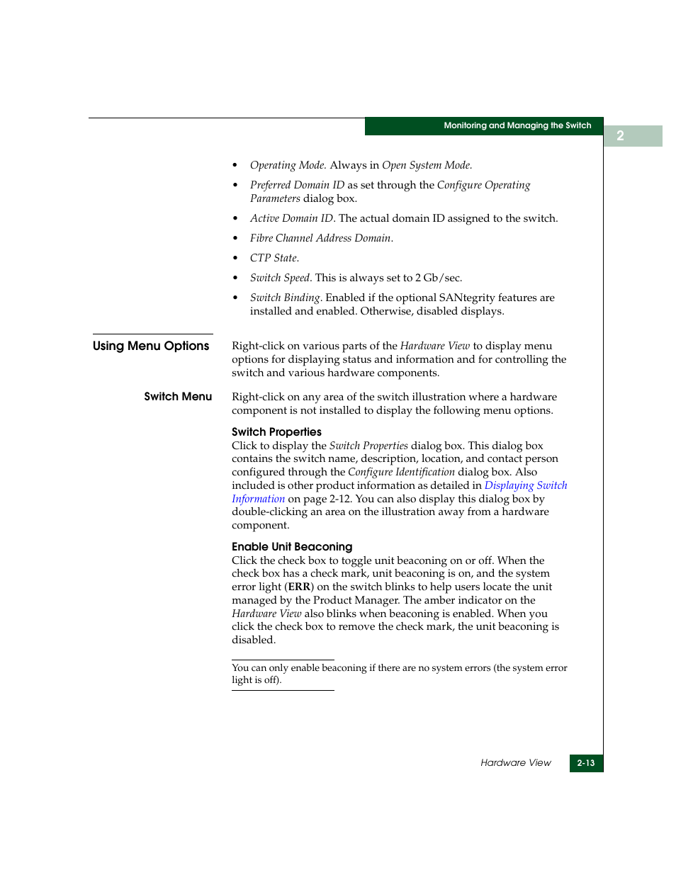 Using menu options, Using menu options -13, R to | Switch menu | McDATA Sphereon 4500 User Manual | Page 69 / 216