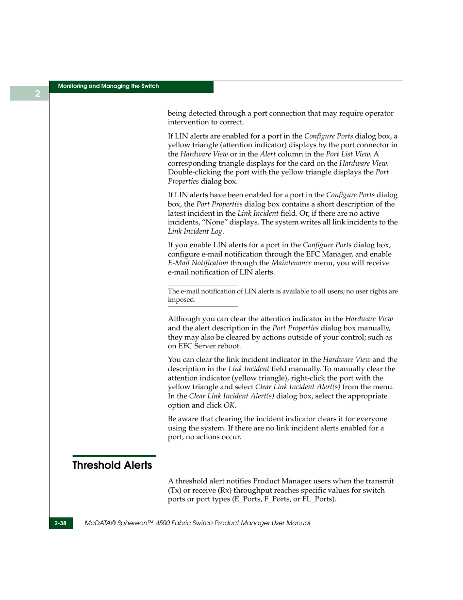 Threshold alerts, Threshold alerts -38 | McDATA Sphereon 4500 User Manual | Page 94 / 216