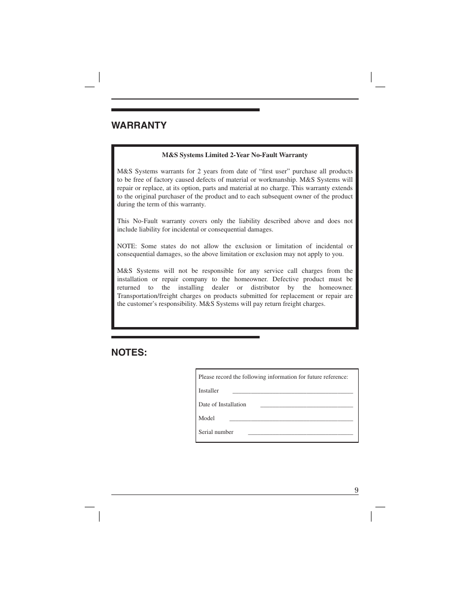Warranty | M&S Systems MC111DM User Manual | Page 11 / 12