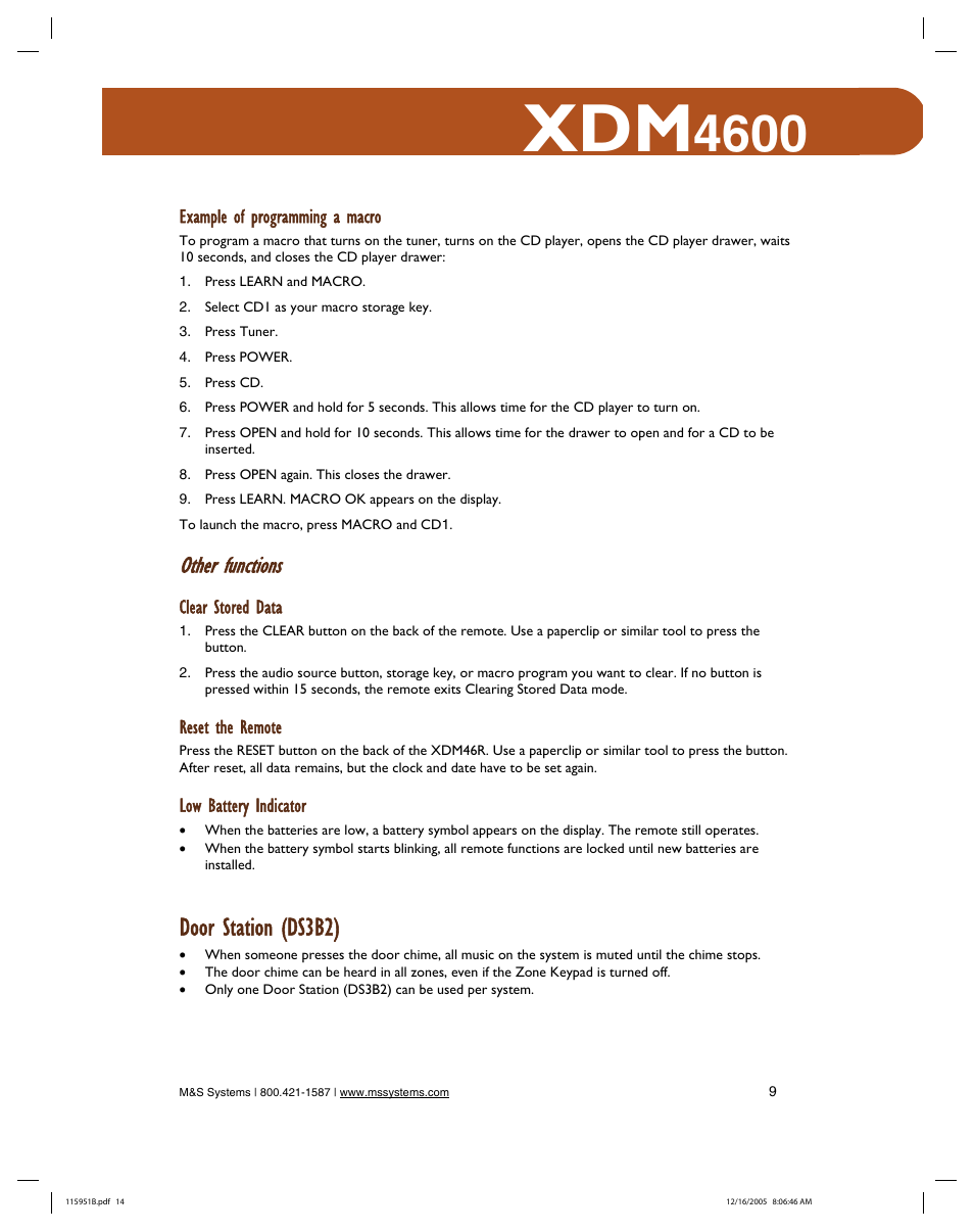 Door station (ds3b2), Other functions, Example of programming a macro | Clear stored data, Reset the remote, Low battery indicator | M&S Systems XDM4600 User Manual | Page 14 / 30