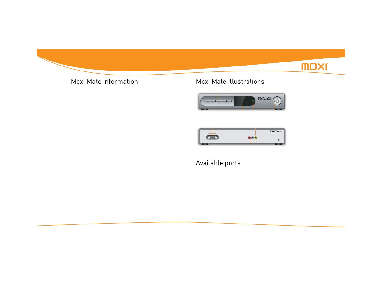 Moxi mate information, Moxi mate illustrations, Available ports | Getting connected 62 | Moxi Version 4.1 User Manual | Page 69 / 109