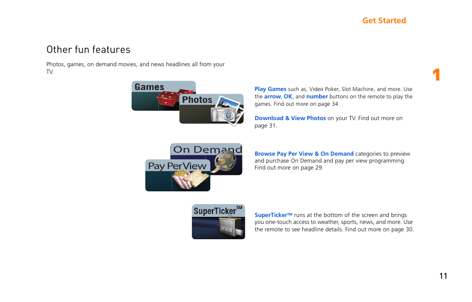 Other fun features, On demand an pay per view, Games photos | Moxi 3012 User Manual | Page 11 / 82