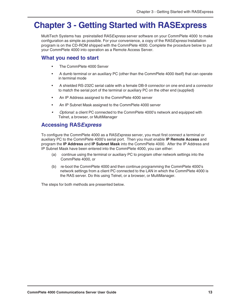 Chapter 3 - getting started with rasexpress, What you need to start, Accessing rasexpress | What you need to start accessing rasexpress, Express, Accessing ras | Multi-Tech Systems Hub User Manual | Page 13 / 40