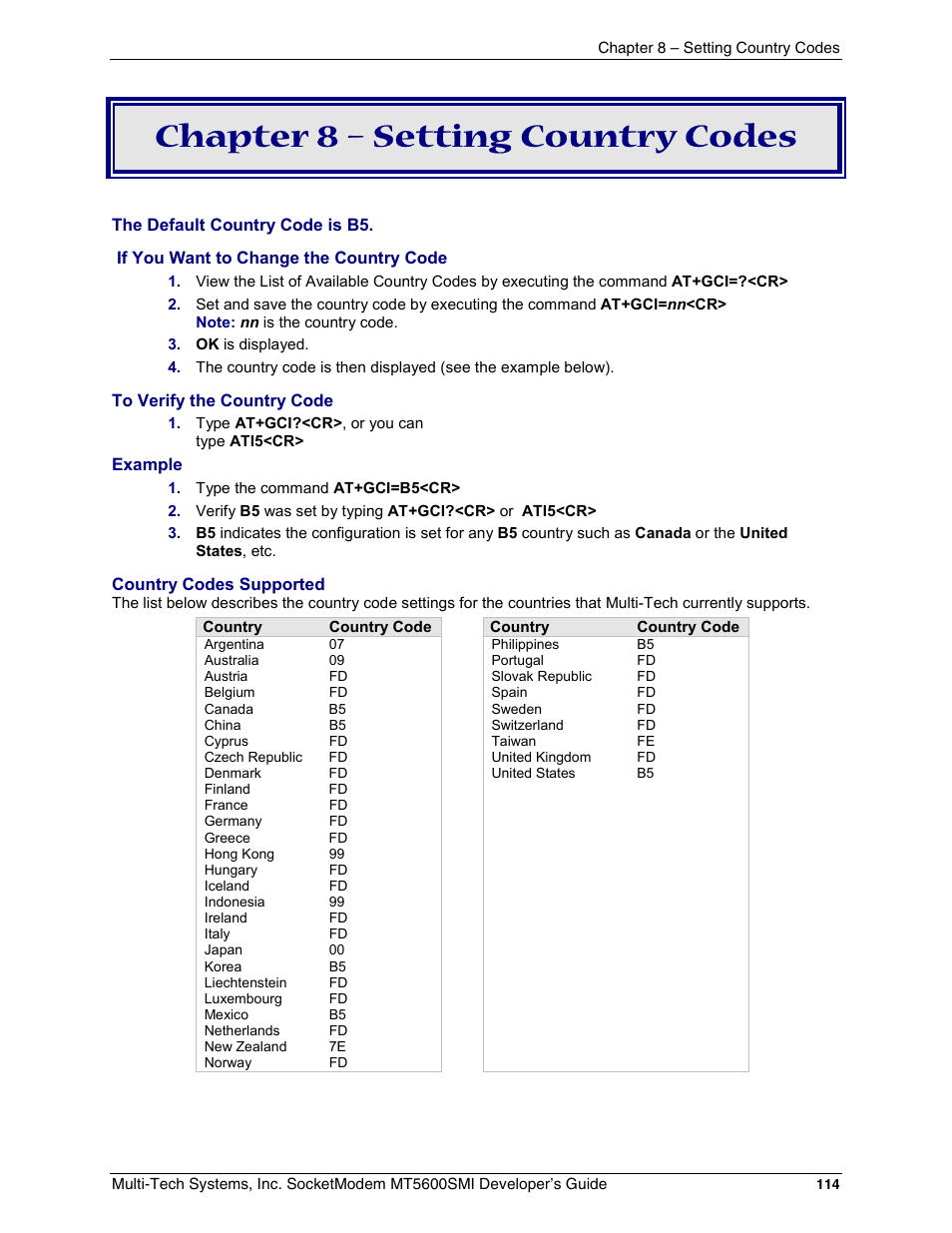 Chapter 8 – setting country codes | Multi-Tech Systems MT5600SMI-34 User Manual | Page 114 / 134