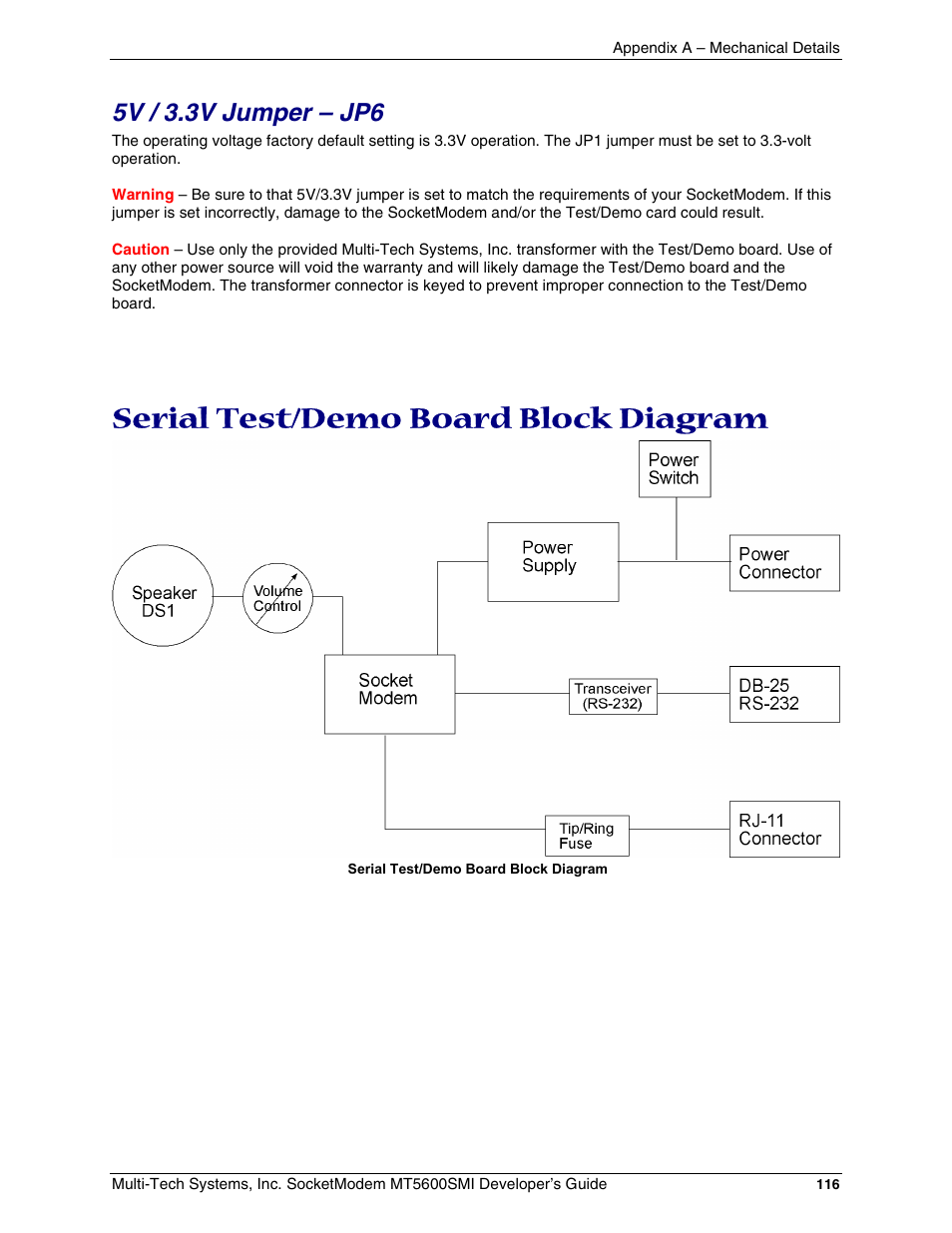 5v / 3.3v jumper – jp6, Serial test/demo board block diagram | Multi-Tech Systems MT5600SMI-34 User Manual | Page 116 / 134