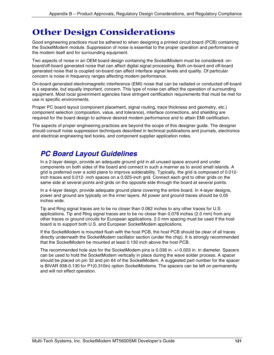 Other design considerations, Pc board layout guidelines | Multi-Tech Systems MT5600SMI-34 User Manual | Page 121 / 134
