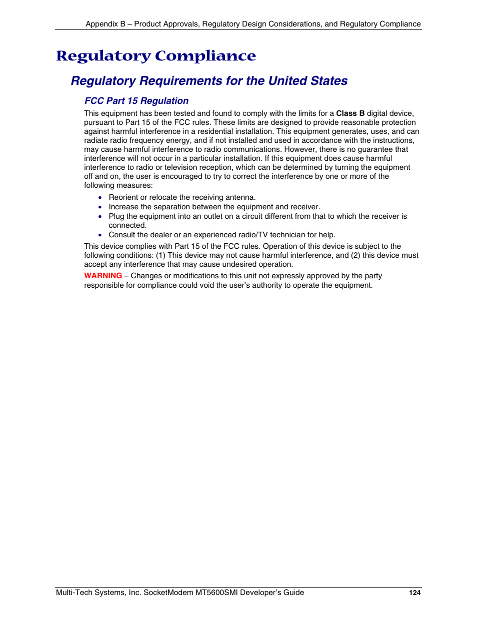 Regulatory compliance, Regulatory requirements for the united states | Multi-Tech Systems MT5600SMI-34 User Manual | Page 124 / 134