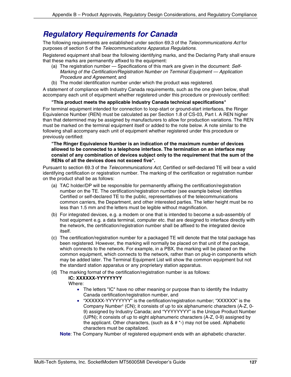 Regulatory requirements for canada | Multi-Tech Systems MT5600SMI-34 User Manual | Page 127 / 134