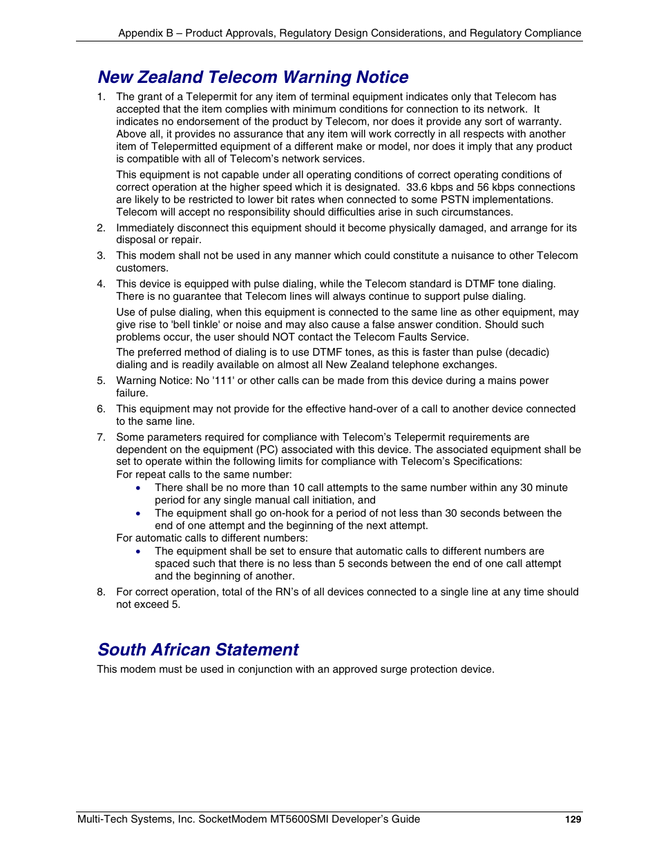 New zealand telecom warning notice, South african statement | Multi-Tech Systems MT5600SMI-34 User Manual | Page 129 / 134