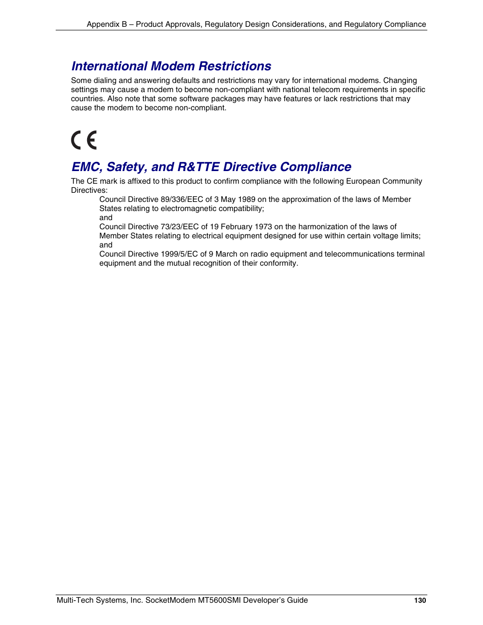International modem restrictions, Emc, safety, and r&tte directive compliance | Multi-Tech Systems MT5600SMI-34 User Manual | Page 130 / 134